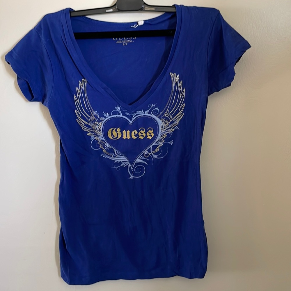 Guess Graphic Tee- Like New- Blue- Vintage 2000s- Deep V Neck